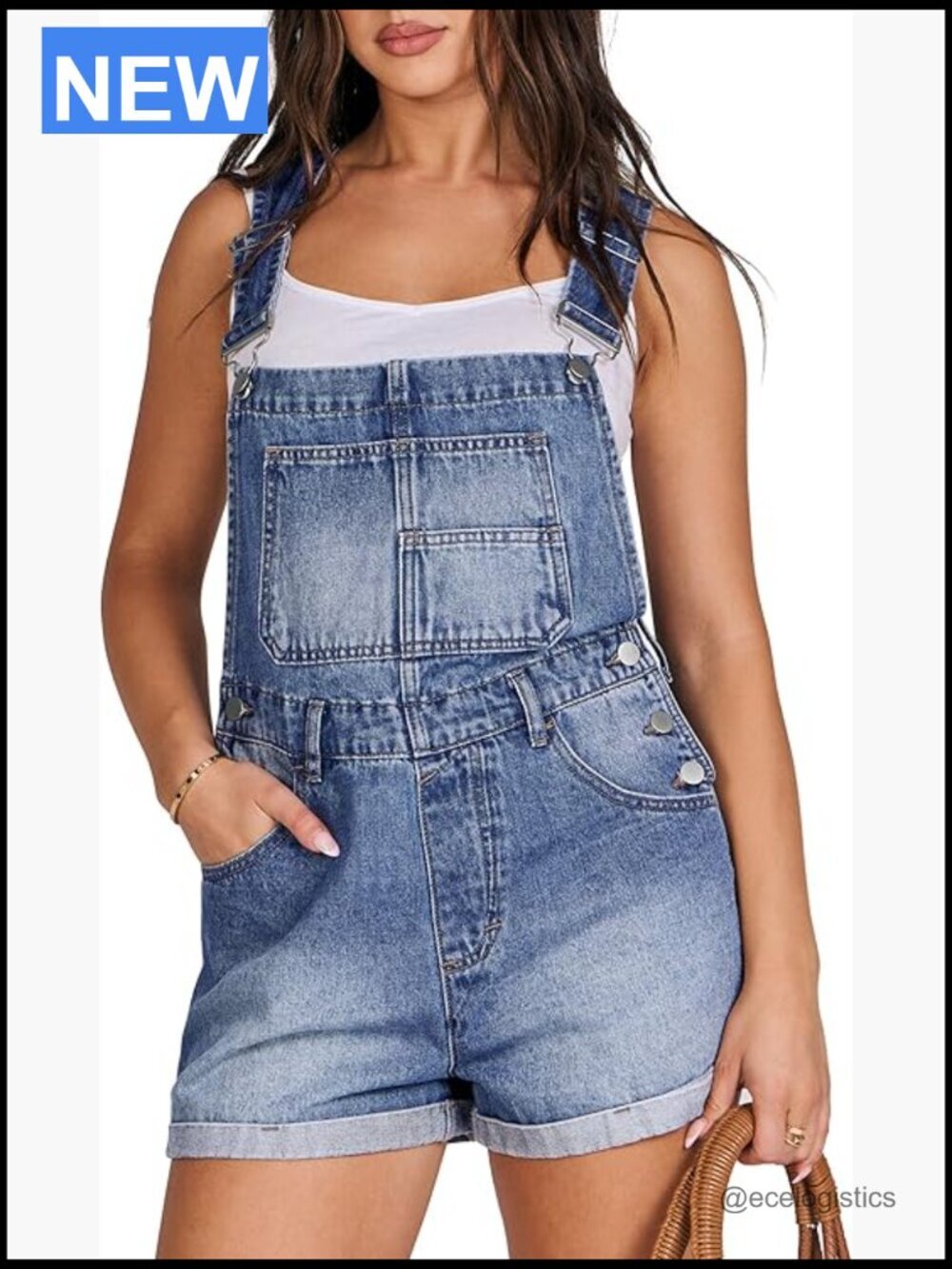 Denim Short Overalls Womens Loose Fit Adjustable Straps Romper Jumpsuit